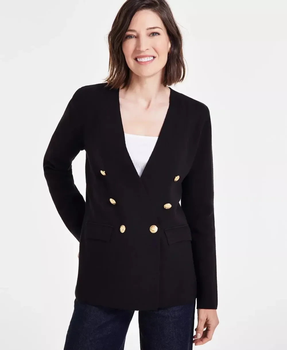 NEW International Concepts Black Double Breasted Gold Button Sweater Blazer M